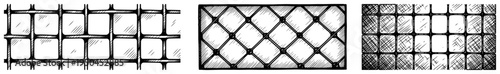 Set of three different metal grid textures and wire fence patterns in hand drawn style