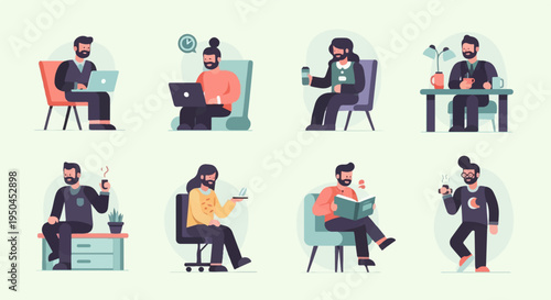 Diverse individuals engage in various relaxed activities at their workstations