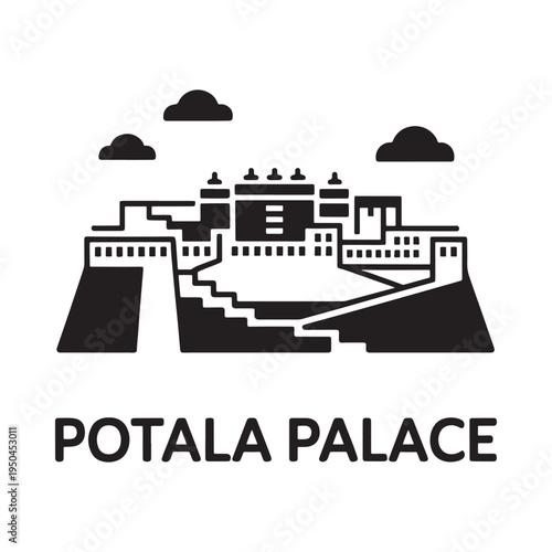 A stylized black and white illustration of the potala palace in tibet
