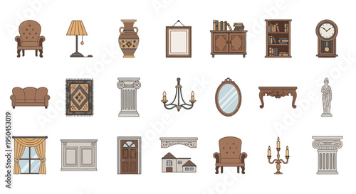  Vector Icons Set of Collection of antique furniture and decorative items for home interior.