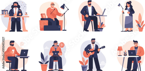 Diverse individuals engage in various professional and leisure activities, shown in separate panels
