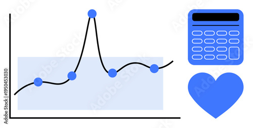Business trends, finance management, health analytics, statistical research, market analysis, strategic planning. Line chart with data points, calculator heart symbol. Business trends and finance