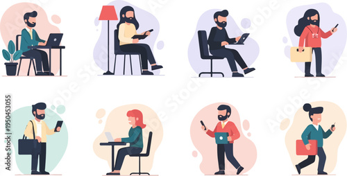Diverse individuals engage in various work-related activities indoors