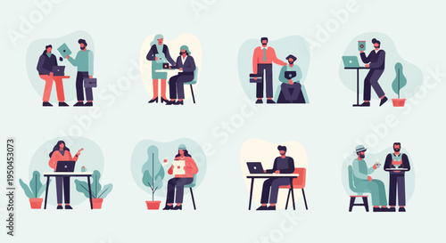 Diverse individuals engaged in various office-related activities and casual work settings