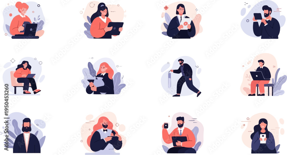 Fototapeta premium Diverse people engaged in modern activities, using technology, and handling documents