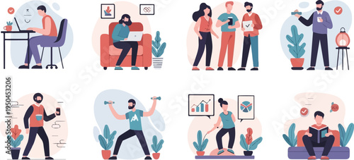 Diverse people engaged in various activities like work, fitness, and leisure