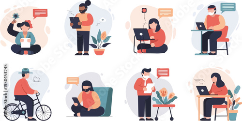 Diverse individuals engaged in digital activities and everyday tasks, showcasing modern life