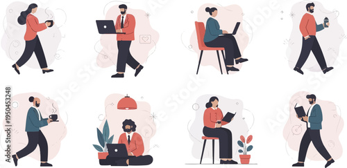 Diverse individuals engaged in casual work and leisure activities