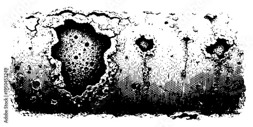 Detailed lunar surface texture with craters and pitted surface in monochrome ink illustration