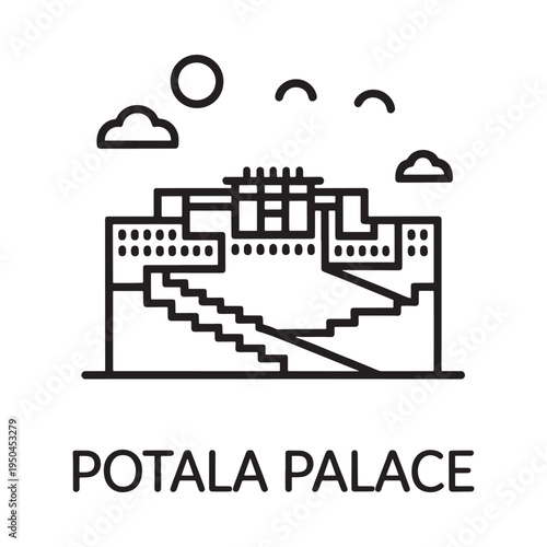 Line drawing depicts the potala palace in tibet with clouds