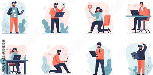 Diverse individuals engage in various work-related activities, often with laptops