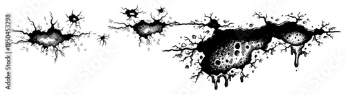 Hand drawn engraving style illustration of ground cracks and liquid splatter holes