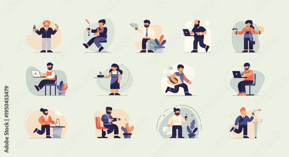 Fototapeta premium Diverse individuals engaged in various activities, including work, leisure, and social interactions