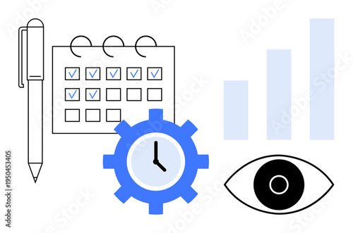 Time management concept. Clock, checklist, and calendar efficient planning. Time management enhances productivity, organization, and focus. For corporate training, project planning personal goal