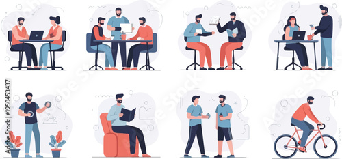 Diverse individuals engage in work, leisure, and activity, depicted in stylized flat illustrations