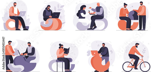 Diverse individuals engaged in varied work and leisure activities, seated, standing, cycling