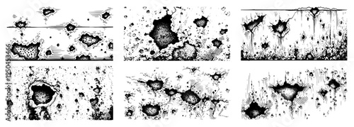 Collection of hand drawn engraving style textures featuring various surface holes and pits