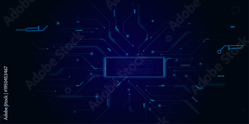 Enter prompt to command AI generate ideas. Futuristic HUD frame on circuit board background. Connected lines with electronic elements.