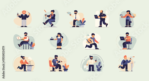 Diverse individuals engaged in various activities, including work, leisure, and social interactions