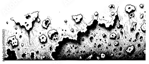 Detailed illustration of a rocky lunar surface with craters and pitted terrain in hand drawn ink style