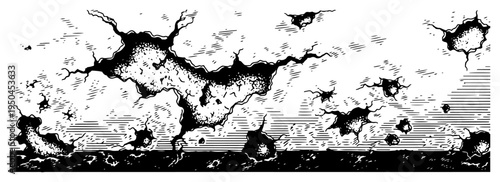 Large cracked earth fissure on a textured ground surface drawn in vintage engraving style