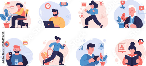 Diverse individuals engaged in digital activities, from work to leisure, indoors and out