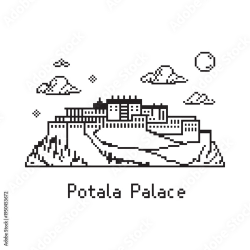 Line art illustration depicts the potala palace with clouds and sun