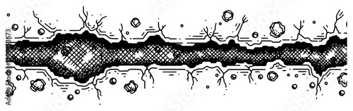 Long horizontal fissure with floating debris and rocks in a clean hand drawn comic style
