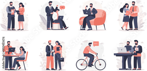 Diverse professionals engage in various work-related activities, including meetings, cycling, and collaborative tasks