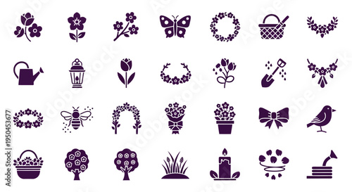  Vector Icons Set of Collection of various spring and garden themed icons in a grid layout.