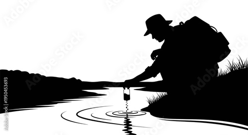 Silhouette of a man with a backpack collecting a water sample from a river in a bottle