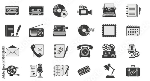  Vector Icons Set of Collection of vintage media and communication icons in a retro style.