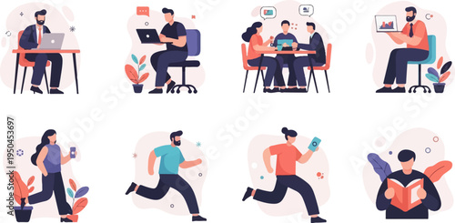 Diverse individuals engage in various work, fitness, and leisure activities