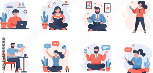 Diverse people engage in work, reading, and communication in minimalist flat illustrations