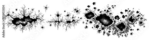 Set of hand drawn impact craters and surface cracks in detailed ink style