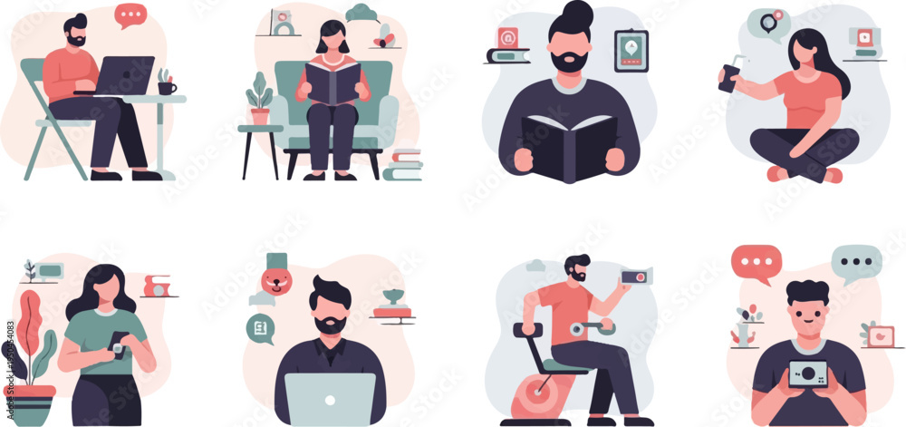 Fototapeta premium Diverse people engaged in various modern activities like remote work, reading, and using devices