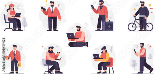 Diverse individuals engaged in various modern activities like working and commuting