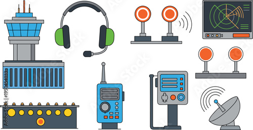 Air Traffic Control Aviation Vector Collection Featuring Control Tower, Radar Screen Monitor, Aviation Headset, Radio Communication Devices and Airport Signal Lights