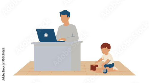 Father working at desk with child playing blocks on floor
