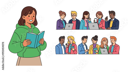 Diverse Scenarios: A collage of illustrations, depicting various scenarios of individuals engaged in different activities, ranging from focused reading to collaborative teamwork. 