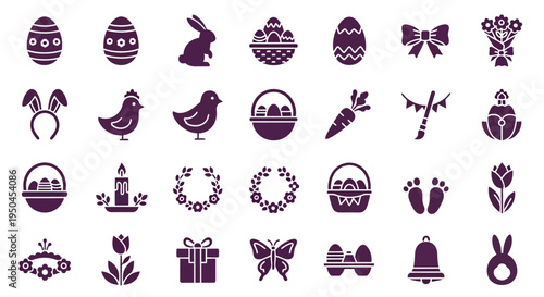  Vector Icons Set of Easter Symbols Egg Bunny Butterfly Icon Set.