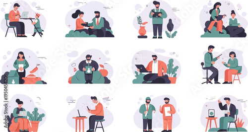 Diverse people interacting with technology and daily objects in stylized scenes