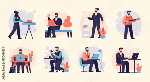 Diverse individuals engaged in various activities, from cooking to coding and playing guitar