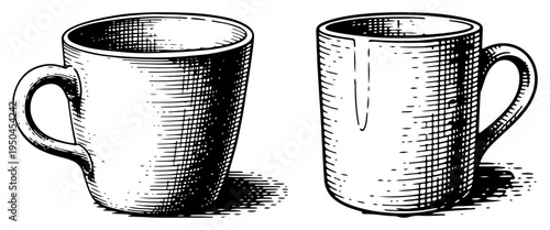 Two ceramic mugs for coffee or tea illustrated with detailed hand drawn hatching technique