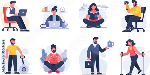 Diverse individuals engaged in various activities, from work and leisure to fitness