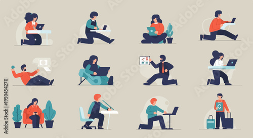 Flat graphic illustrations depict diverse individuals working and relaxing in various seated and kneeling positions