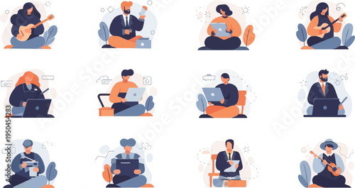 Diverse individuals engaged in various remote work and leisure activities