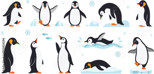 Penguin Wildlife Illustration Set Featuring Walking, Swimming, Standing, and Sliding Poses of Cute Antarctic Birds in Icy Polar Habitat.