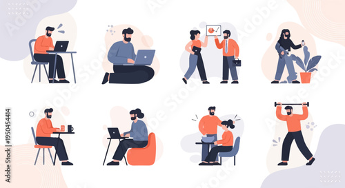 Modern illustrations of people working, exercising, and relaxing at home