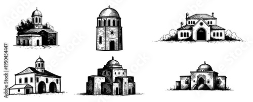 Set of six vintage Mediterranean and Middle Eastern style architectural building sketches in detailed engraving